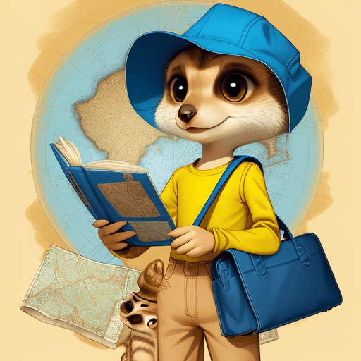 AI generated: childrens book illustration of a yellow meerkat with a blue shirt and a bag of maps, style of a disn...