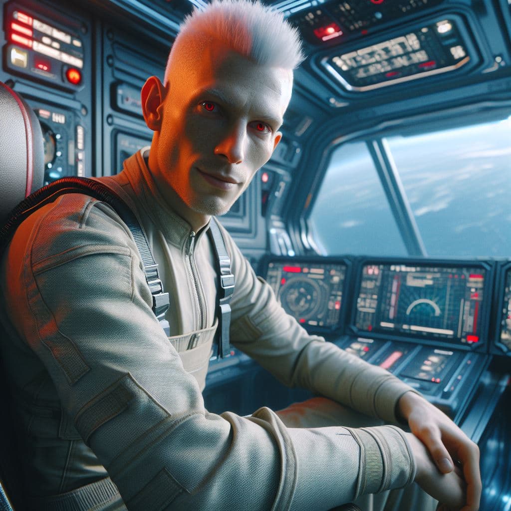 AI generated: A 40 year old handsome albino with a small mohawk and red eyes, tall, slender, wearing futuristic le...