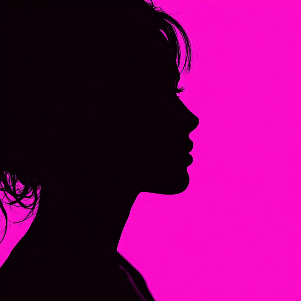 AI generated: photography, portrait of contrast, profile silhouette of a woman, vibrant hot pink backdrop, visuali...