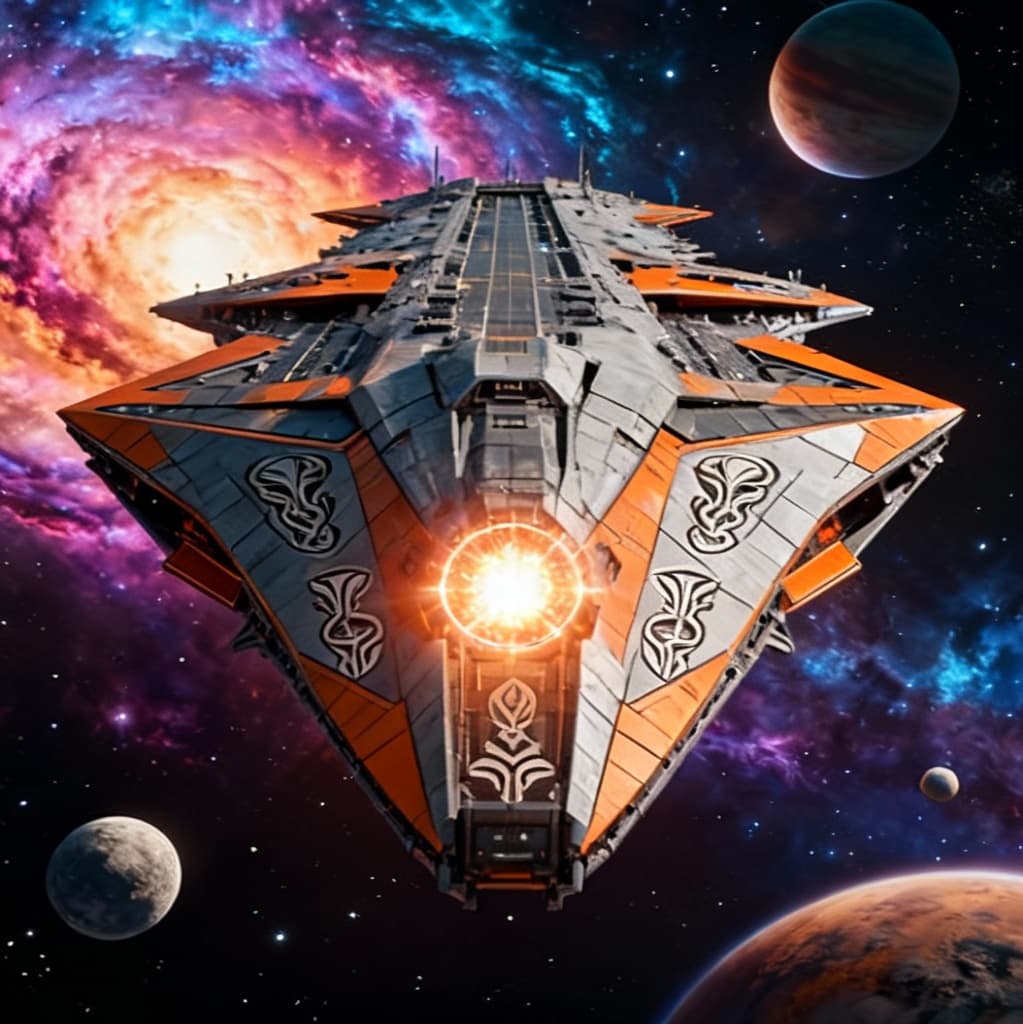 AI generated: Imagine, in detail, an alien spaceship to show a new design. An alien Mega Supercarrier. Show it in ...