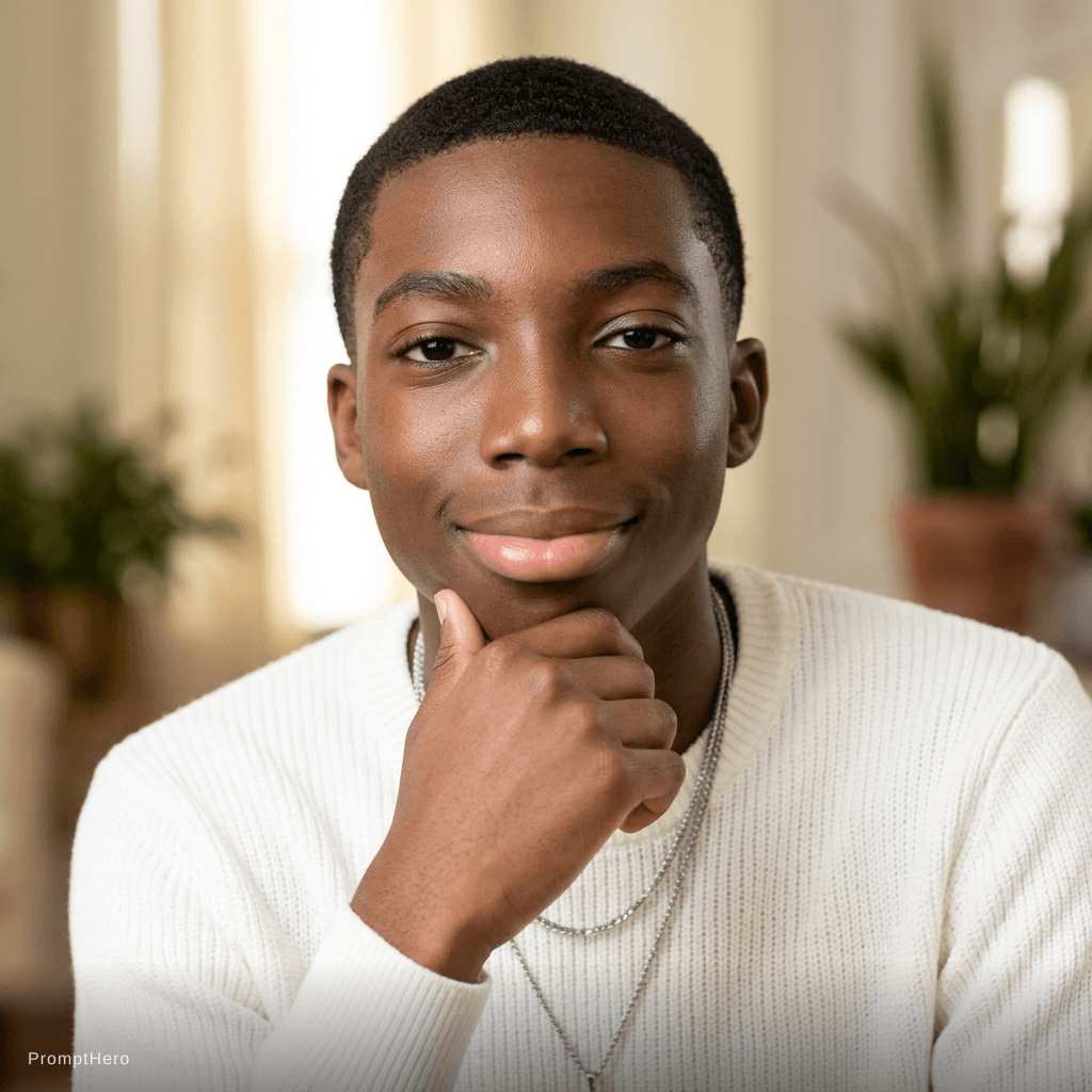 AI generated: natural glow up — clear skin, minimal makeup, soft natural light, relaxed confidence