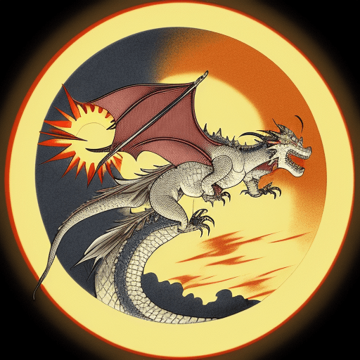 AI generated: a japanese dragon flying to the sun in pen and ink style 