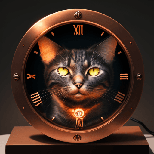 AI generated: photo of a cat, Jules Verne universe, clocks on the cat, copper, futuristic lighting