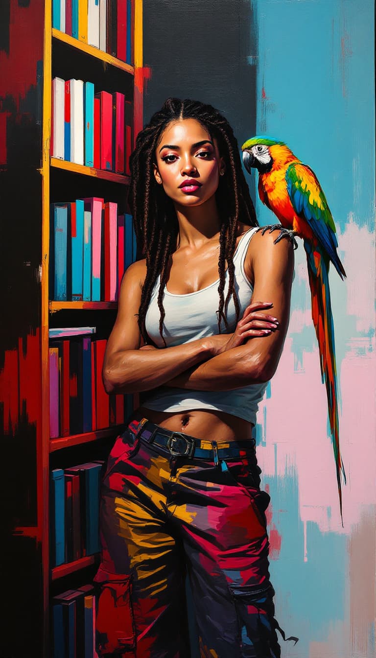 AI generated: A cinematic abstract painting of a confident woman with long, braided hair. She is wearing a tank to...