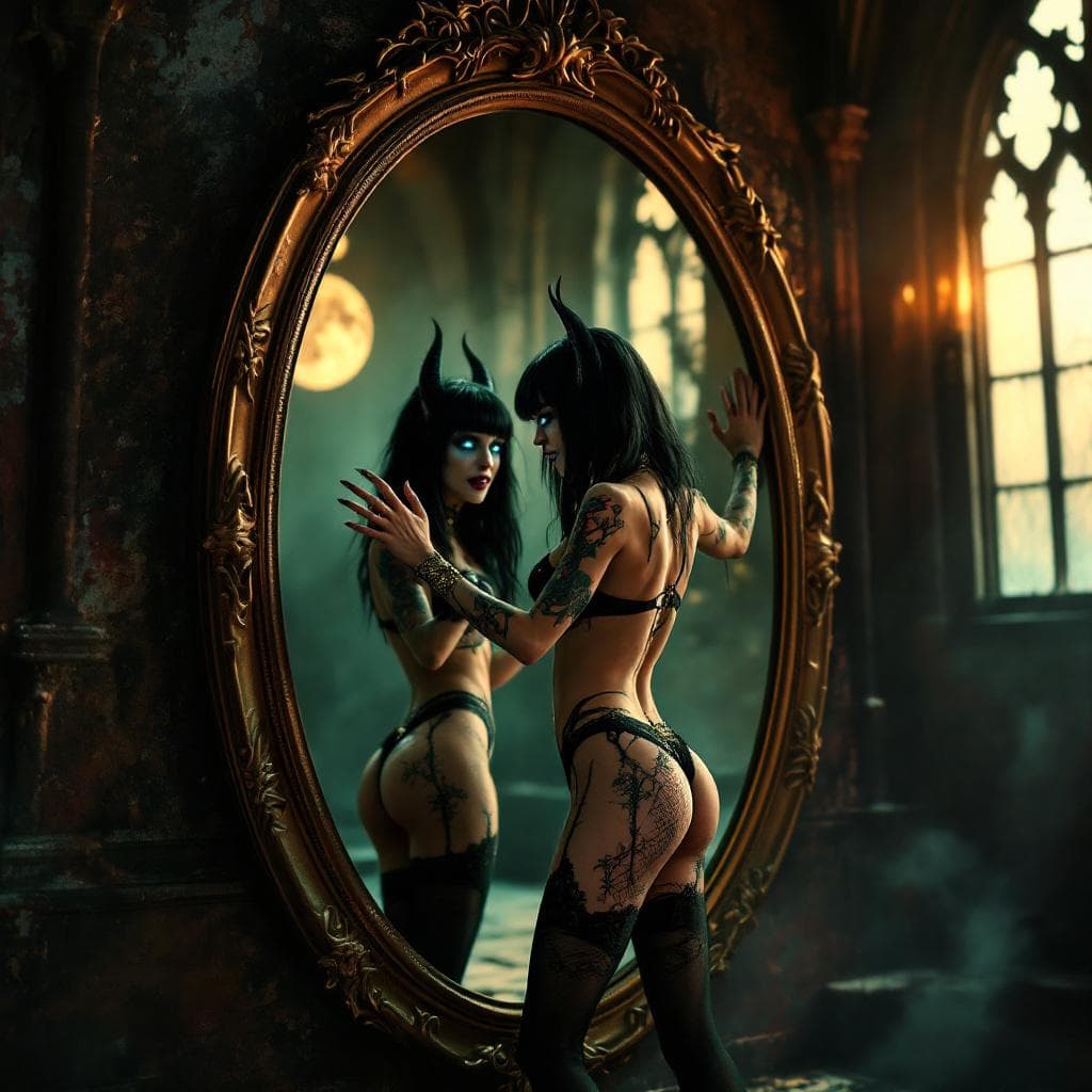 AI generated: A hyper realistic HD Photo of beautiful demon women, standing in front a big full body sized oval mi...