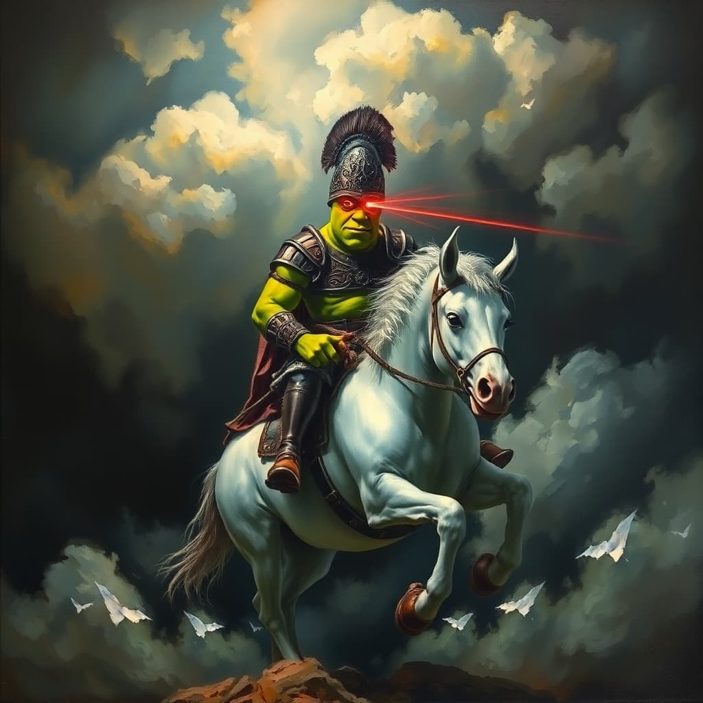 AI generated: An eerie, creepy oil painting in classic style depicts Shrek, a Dreamworks gladiator in Nerga armor ...