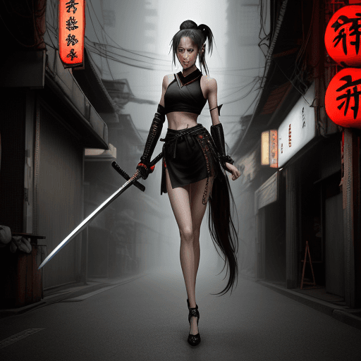 AI generated: 
A slender athletic girl with long legs, very high-heeled shoes, in her hand a long samurai katana s...