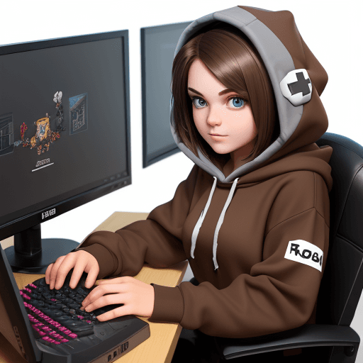AI generated: roblox girl character gaming, oversized hoody, on computer, brown hair




