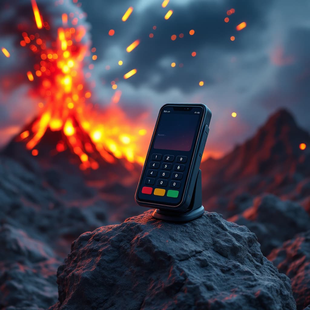 AI generated: Holder for a payment terminal on a rock against the backdrop of a volcanic eruption and meteor showe...