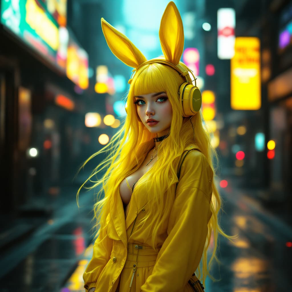 AI generated: The yellow bunny girl in the cyber world is a cyberpunk (full body photo) , with beautiful long hair...