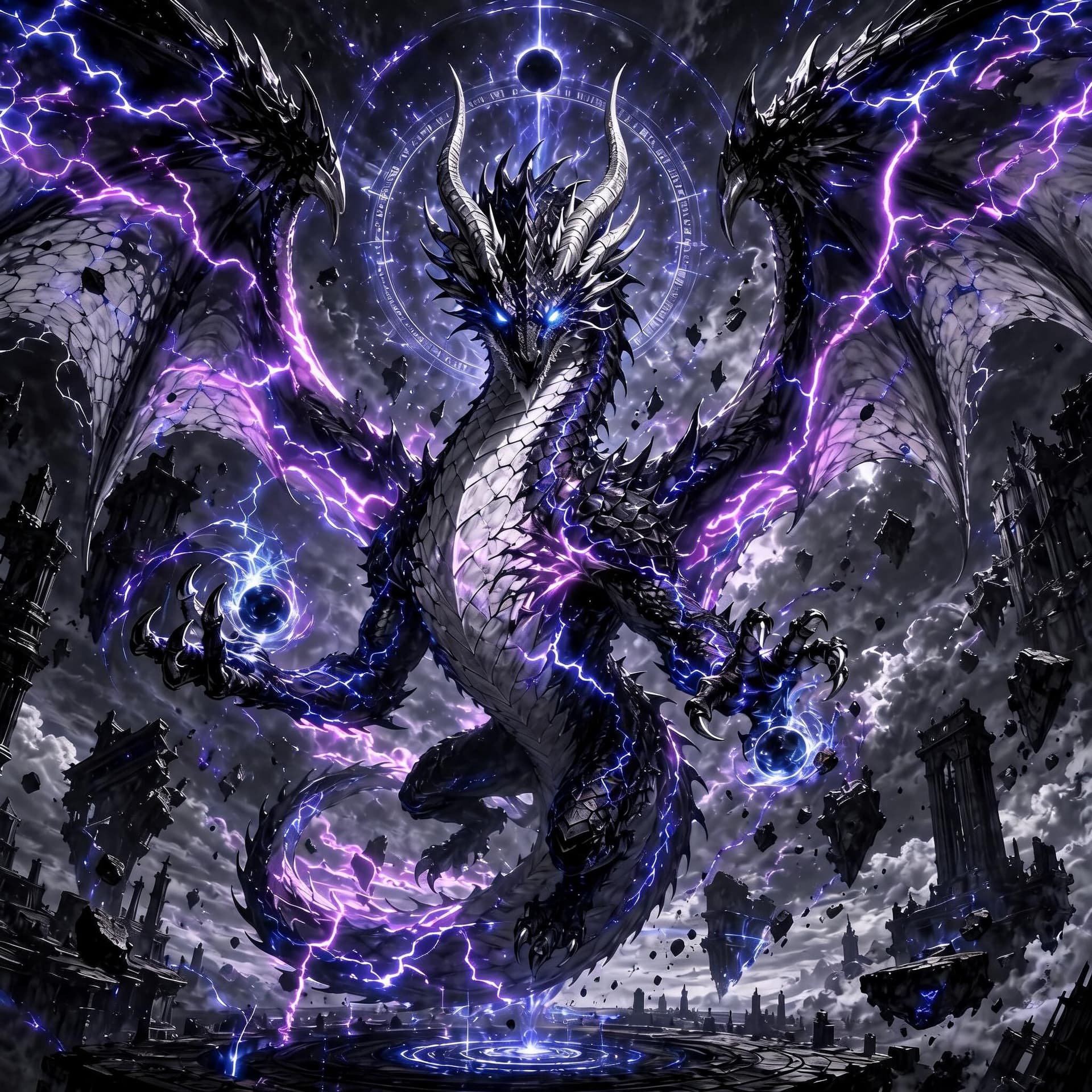 AI generated: add purple lightening emanating from this dragons body and in the background 