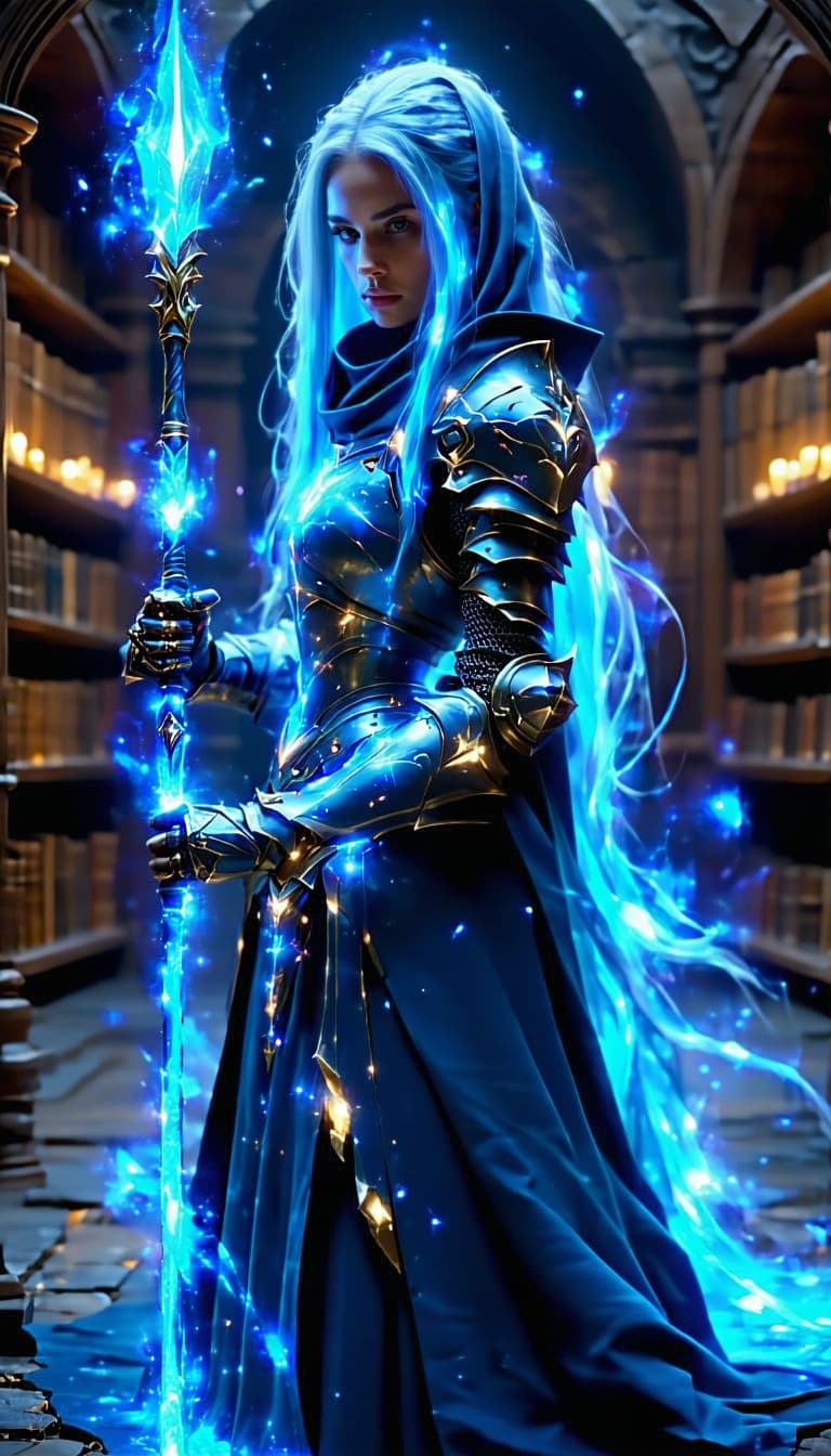 AI generated: Dynamic angle, front-facing full body view, realistic, female time mage, long, flowing blue hair, ch...