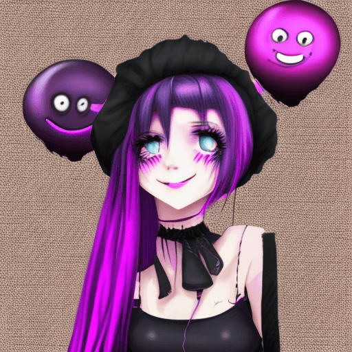 AI generated: A girl in black, pink hair with a smiley face with black, in the style of nightcore, dark purple and...