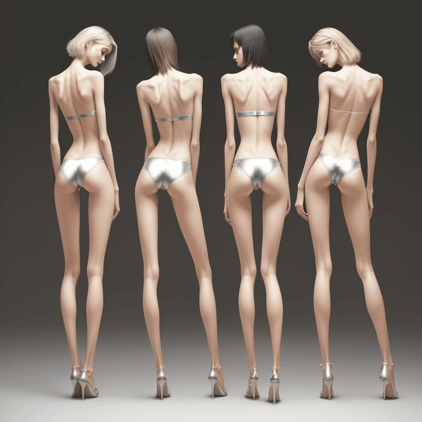 AI generated: photo of three an extremely skinny, flat-chested models with extreme long and skinny legs with extre...