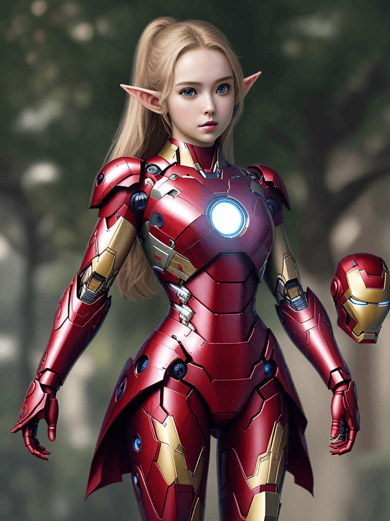 AI generated: masterpiece, beautiful girls, elf, solo, wearing armor iron man, ornament head material robotics,