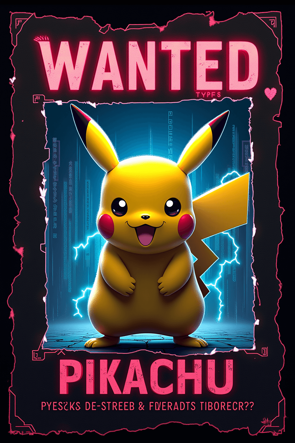 AI generated: Cyberpunk-style wanted poster featuring Pikachu, charged with illegal electricity generation, neon l...