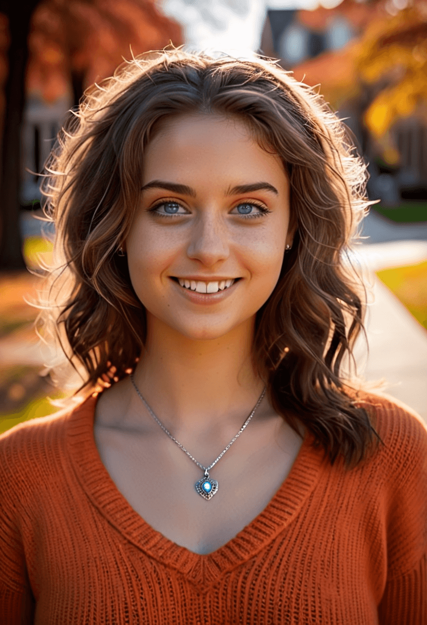 AI generated: photograph of a naturally beautiful young college woman, shoulder length wavy light-brunette hair, l...