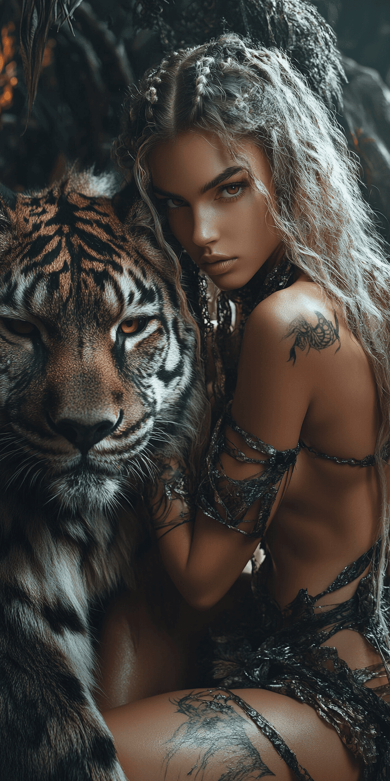 AI generated: A powerful woman with flowing, textured hair styled in braids sits intimately beside a majestic tige...