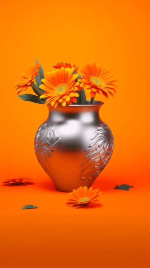 AI generated: Figurative expressionism matte silver clay pot with vibrant orange marigold and intricate geometric ...