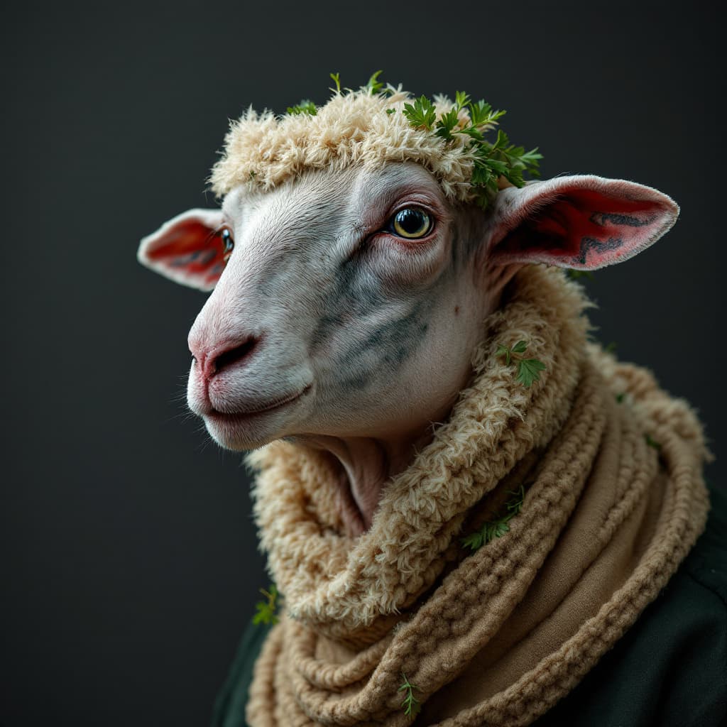 AI generated: photography close up, studio portrait, hairless big fat grey sheep thin lines tattooed  tomatos, oni...