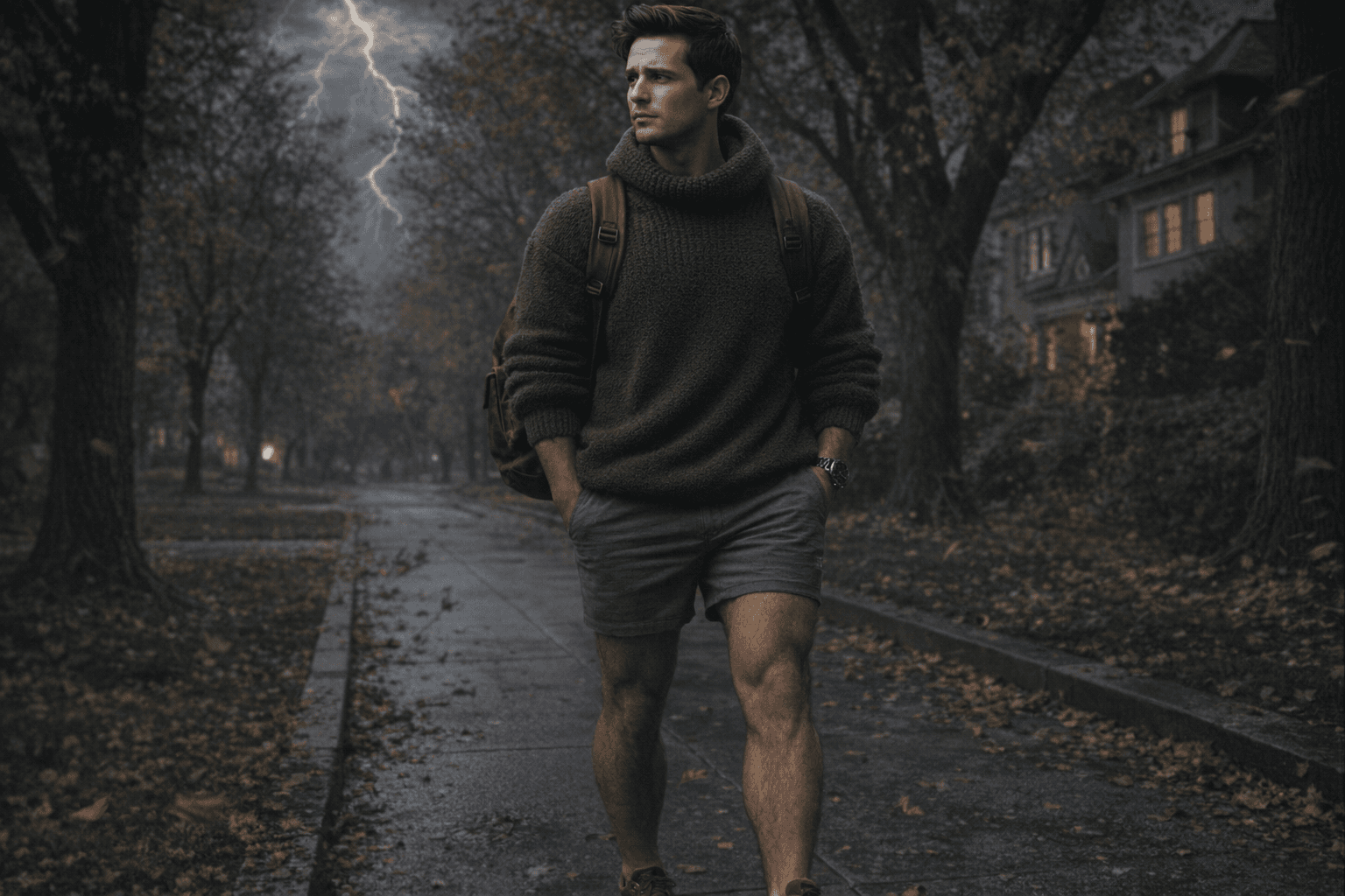 AI generated: In a cold night in the beginning of Autumn. 
The model is walking on the sidewalk in a very nice nei...