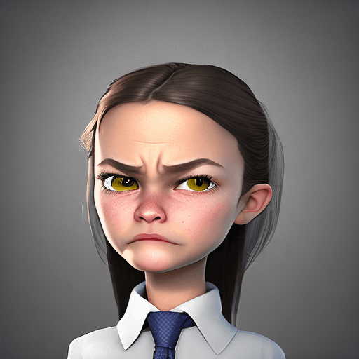 AI generated: a young girl in a business suit with a very angry expression, in the style of unreal engine 5, carto...