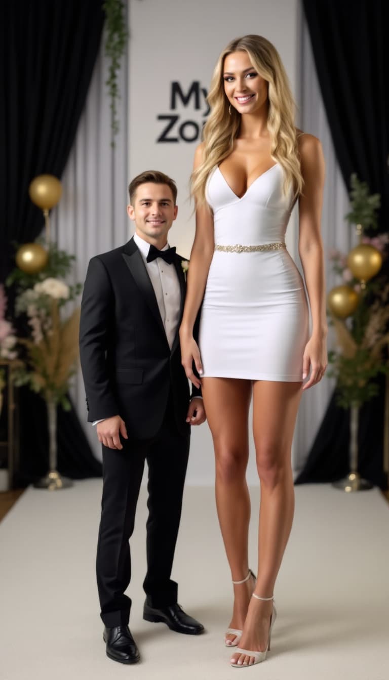 AI generated: A photo of a 10-foot-tall, 19-year-old blonde former volleyball player from America. She is wearing ...