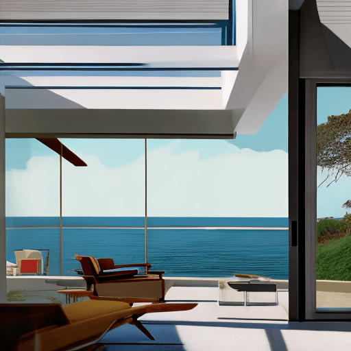 AI generated: Hyper realistic eye level exterior photo of a mid century modern style house overlooking the ocean, ...