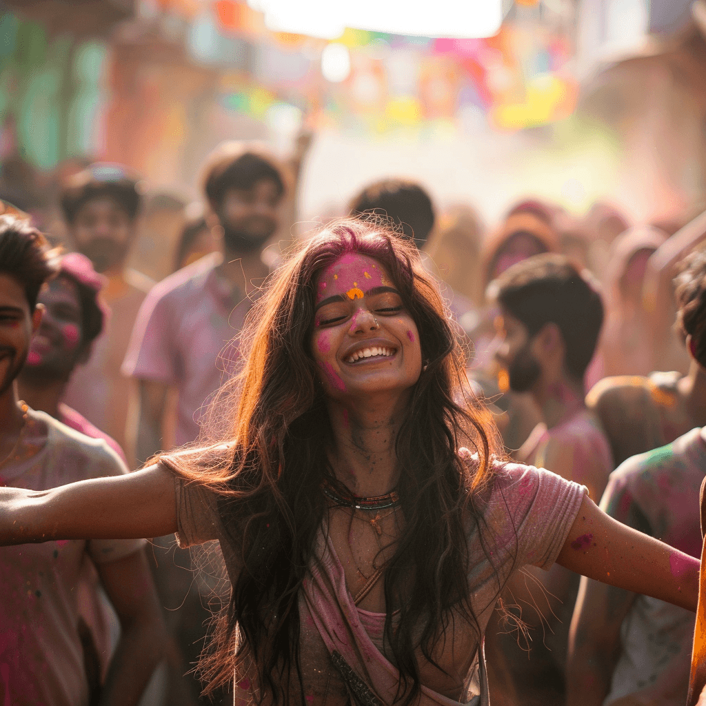AI generated: high-resolution photo of a crowd of Indian woman enjoying Holi, 25-30 years old, photorealistic, cas...