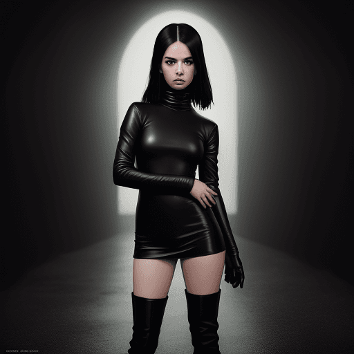 AI generated: a girl wearing a black turtleneck and knee high boots, in the style of film/video, amber, album cove...