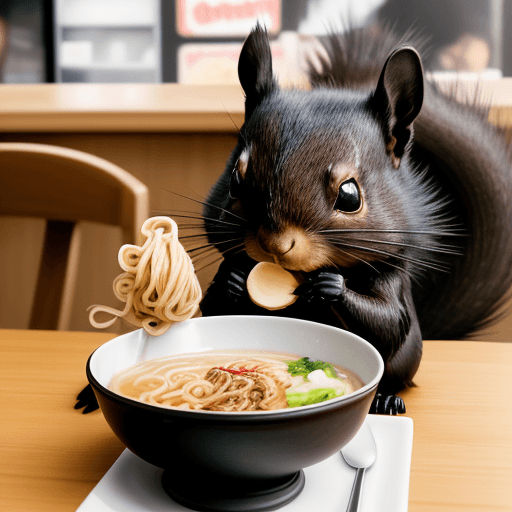 AI generated: a charming black squirrel is indulging in a Ramen noodle dinner with all the flair and enthusiasm of...