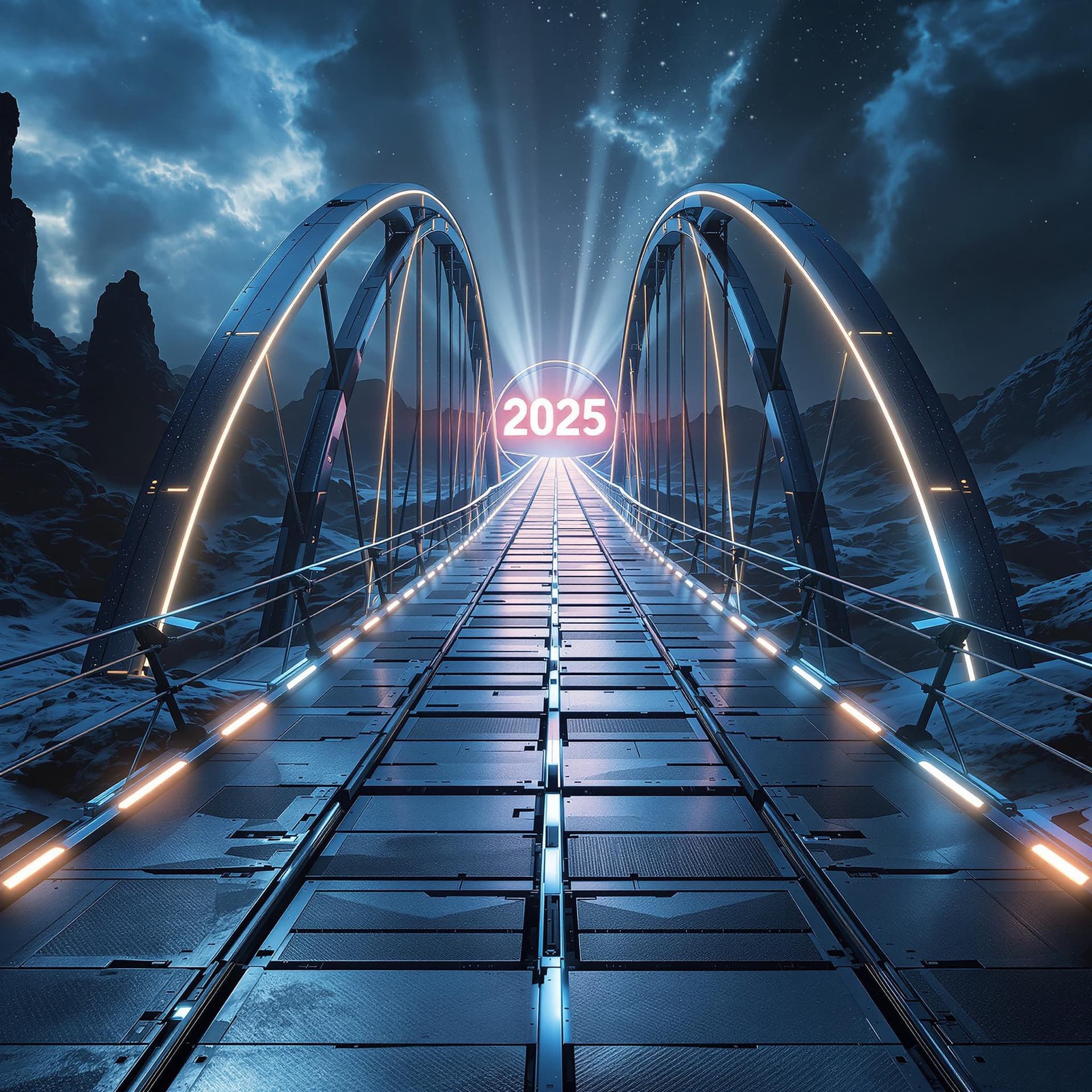 AI generated: A grand, futuristic bridge stretching across a surreal landscape. The glowing arches of the bridge l...