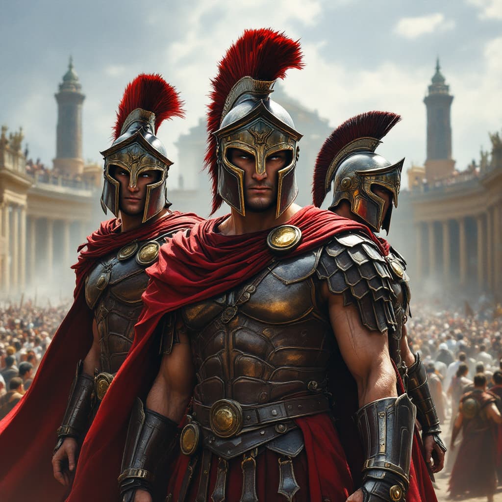 AI generated: 3 spartan in full battle gear standing in front of camera, in the style of crimson and bronze, detai...