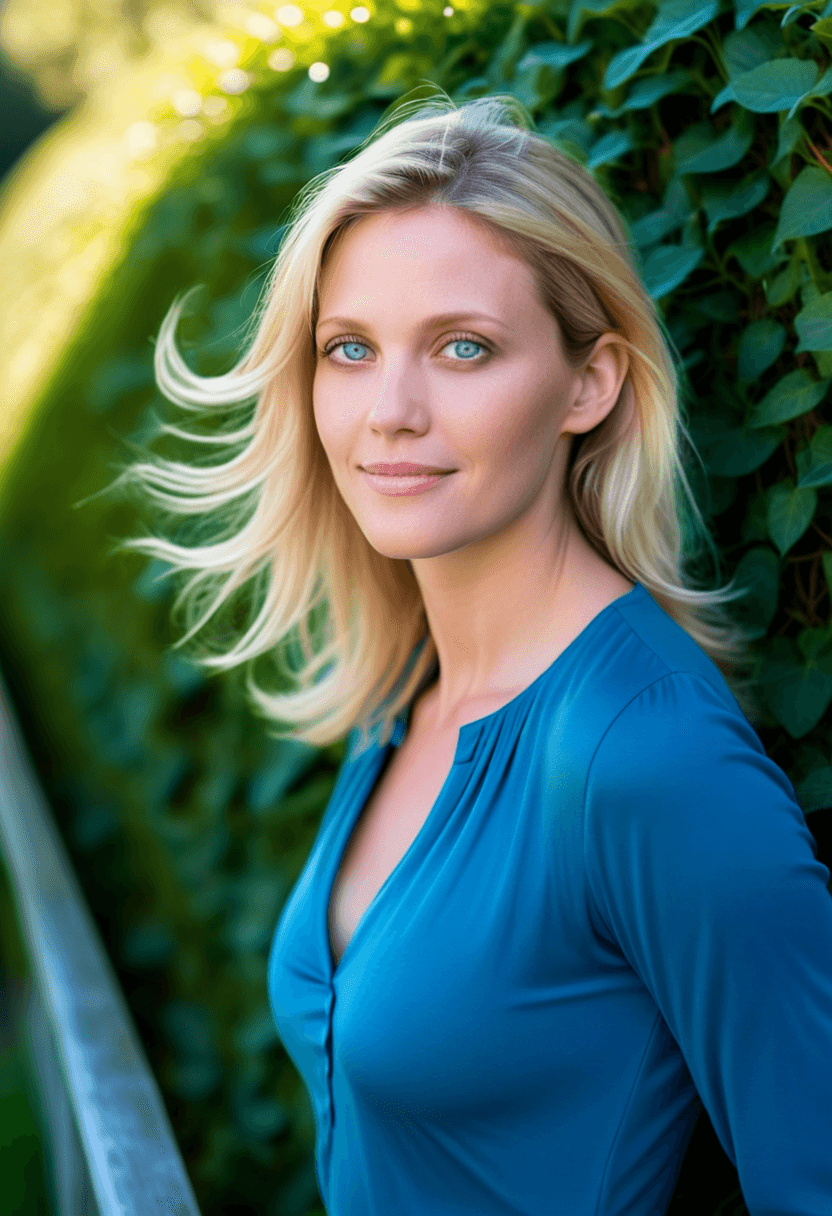 AI generated: This is a photograph, from the side, of a woman standing in front of a hedge. Beautiful light blue e...