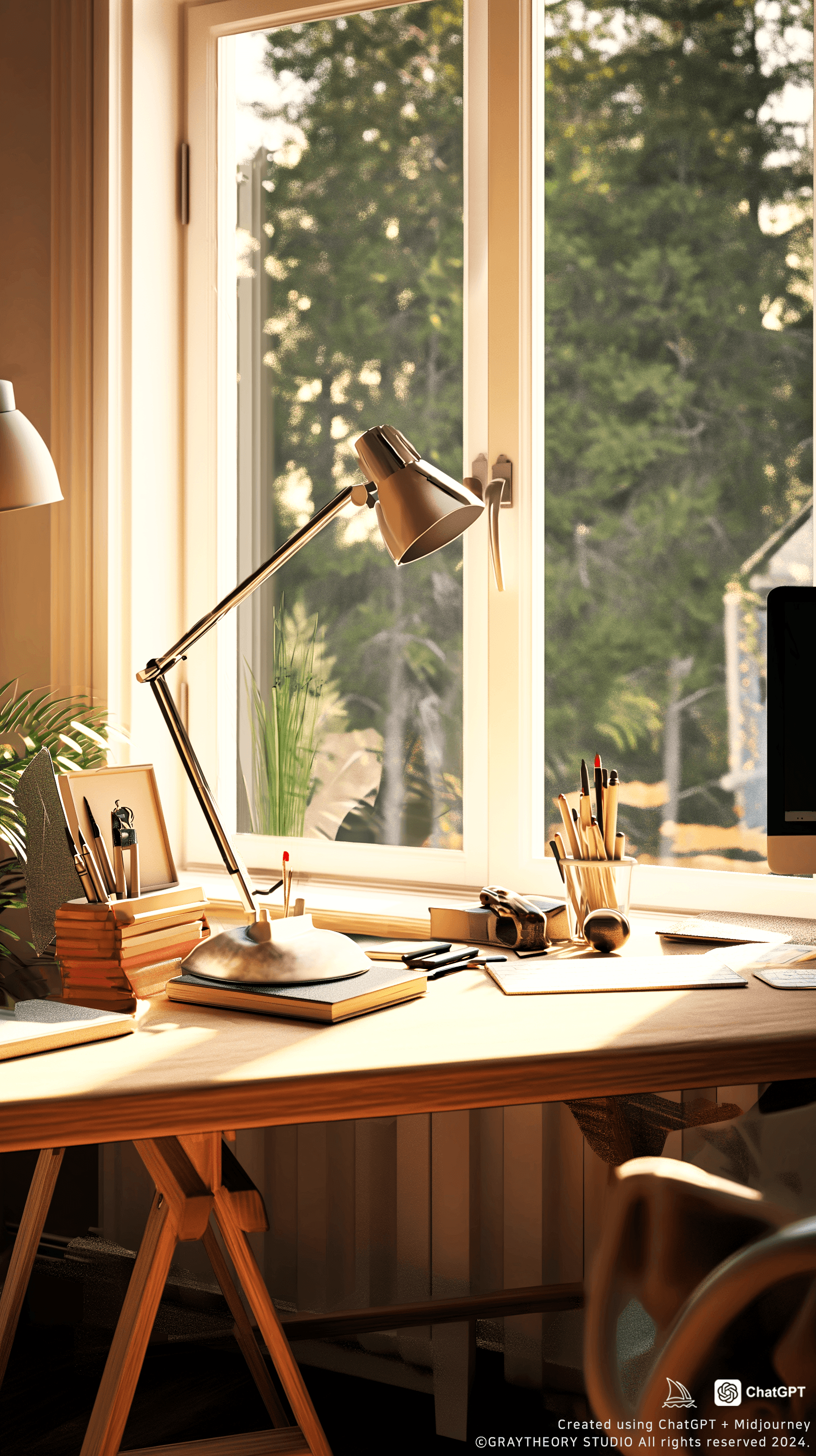 AI generated: A cozy Scandinavian home office, natural oak desk, ambient lighting from a floor-to-ceiling window, ...