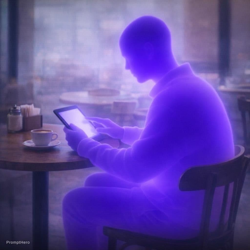 AI generated: looking tablet in a cafe