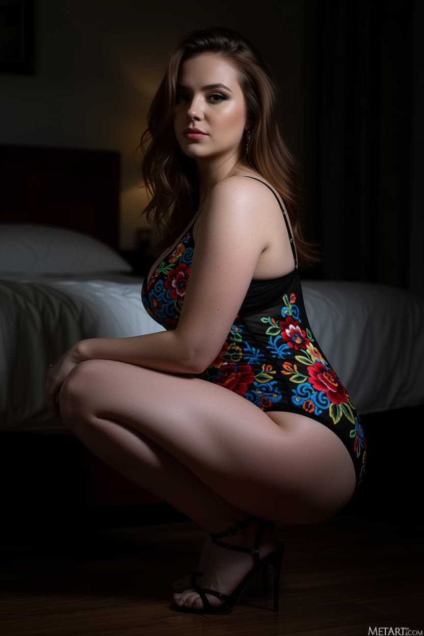 AI generated: This is a photograph of a womanSquatting but viewed from the side ~ shows off curves, posture, and s...