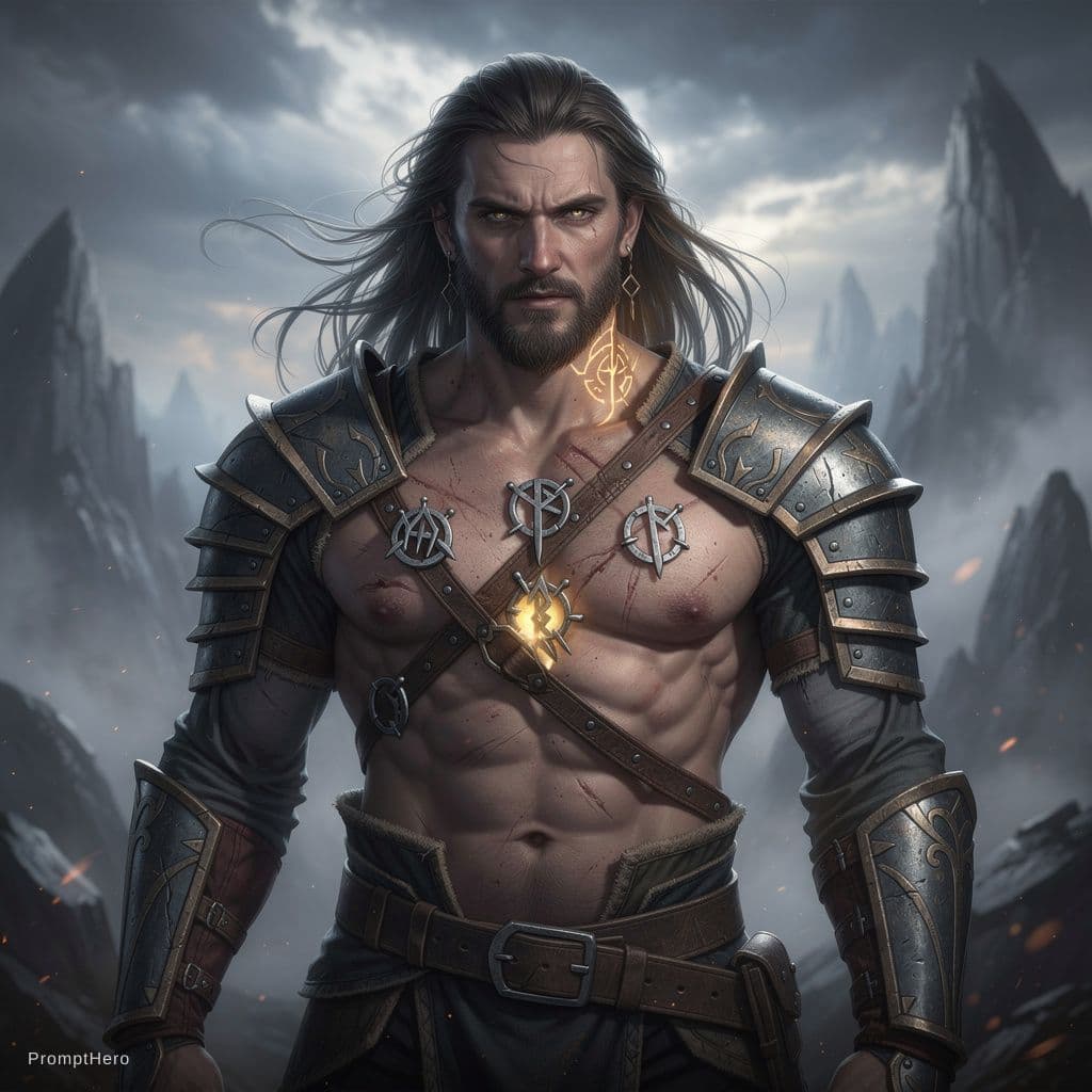 AI generated: A male fantasy character with nipple piercings 