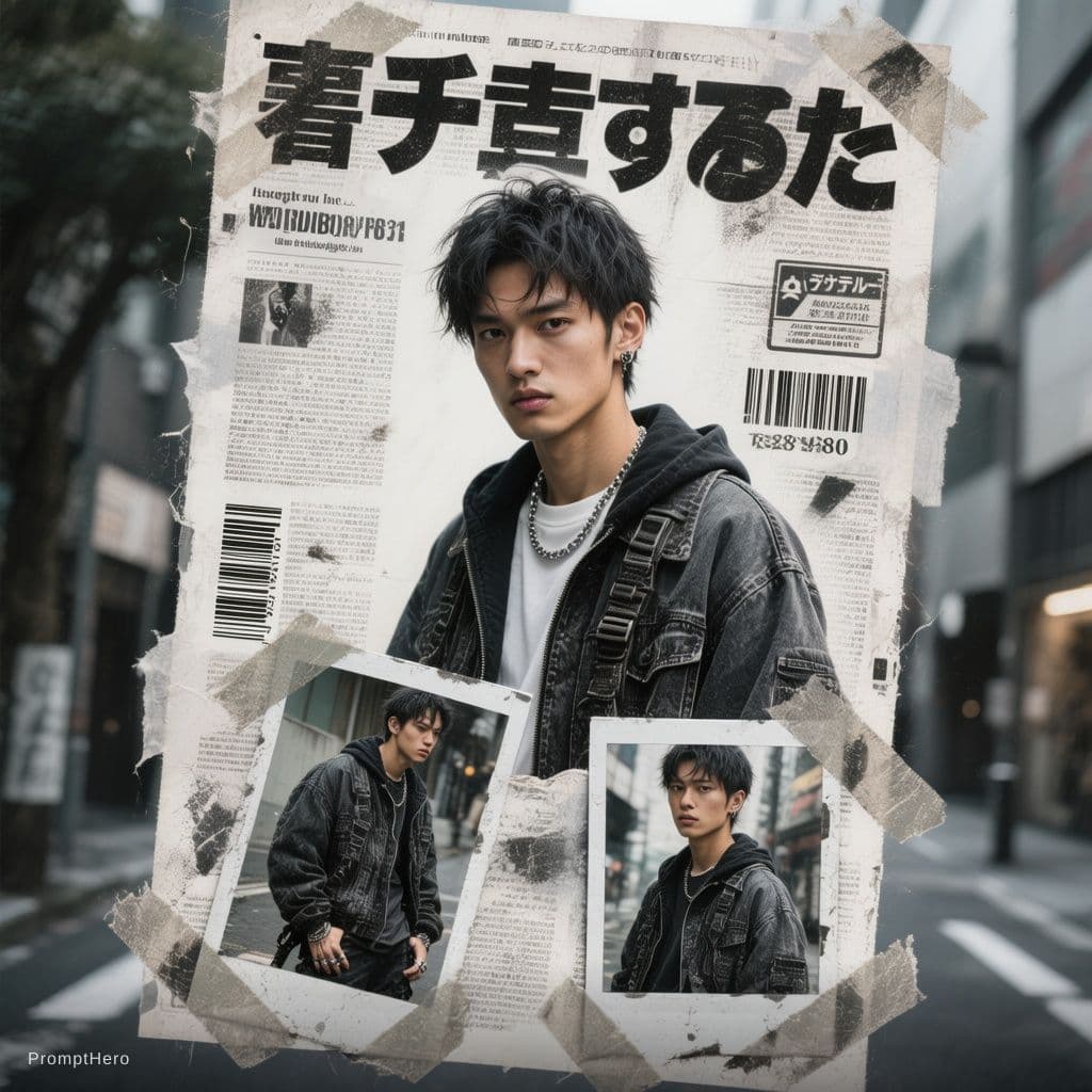 AI generated: Buat poster kolase editorial streetwear Jepang bergaya Y2K yang bold dengan estetika majalah fashion...