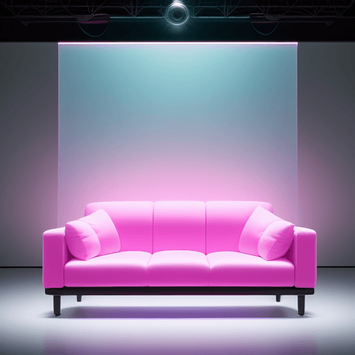 AI generated: productive photography, front view, small fluffy couch, transparent fluorescent magenta vinyl materi...