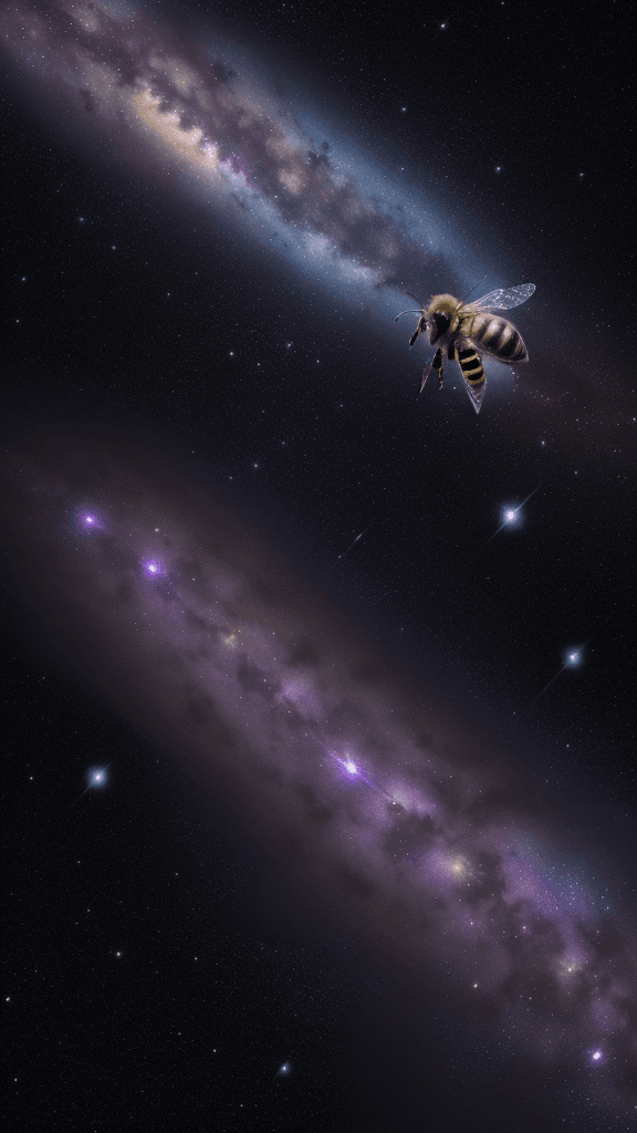 AI generated: {A honeybee floats in the darkness of space, its wings buzzing softly. The bee is surrounded by star...