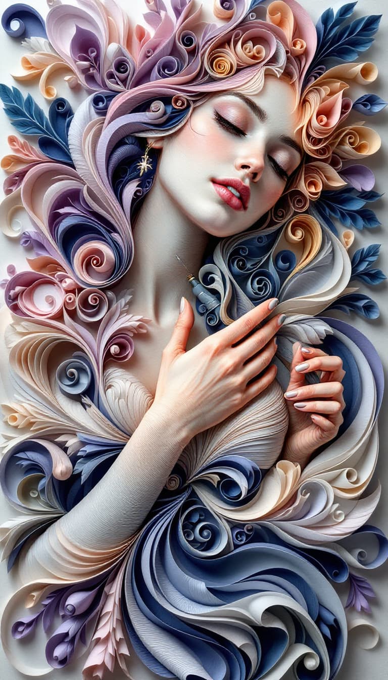 AI generated: Quilling Art, Rolled Paper, Layered Textures, Intricate, Woman Holding a Quilling Tool Rolling, Conc...