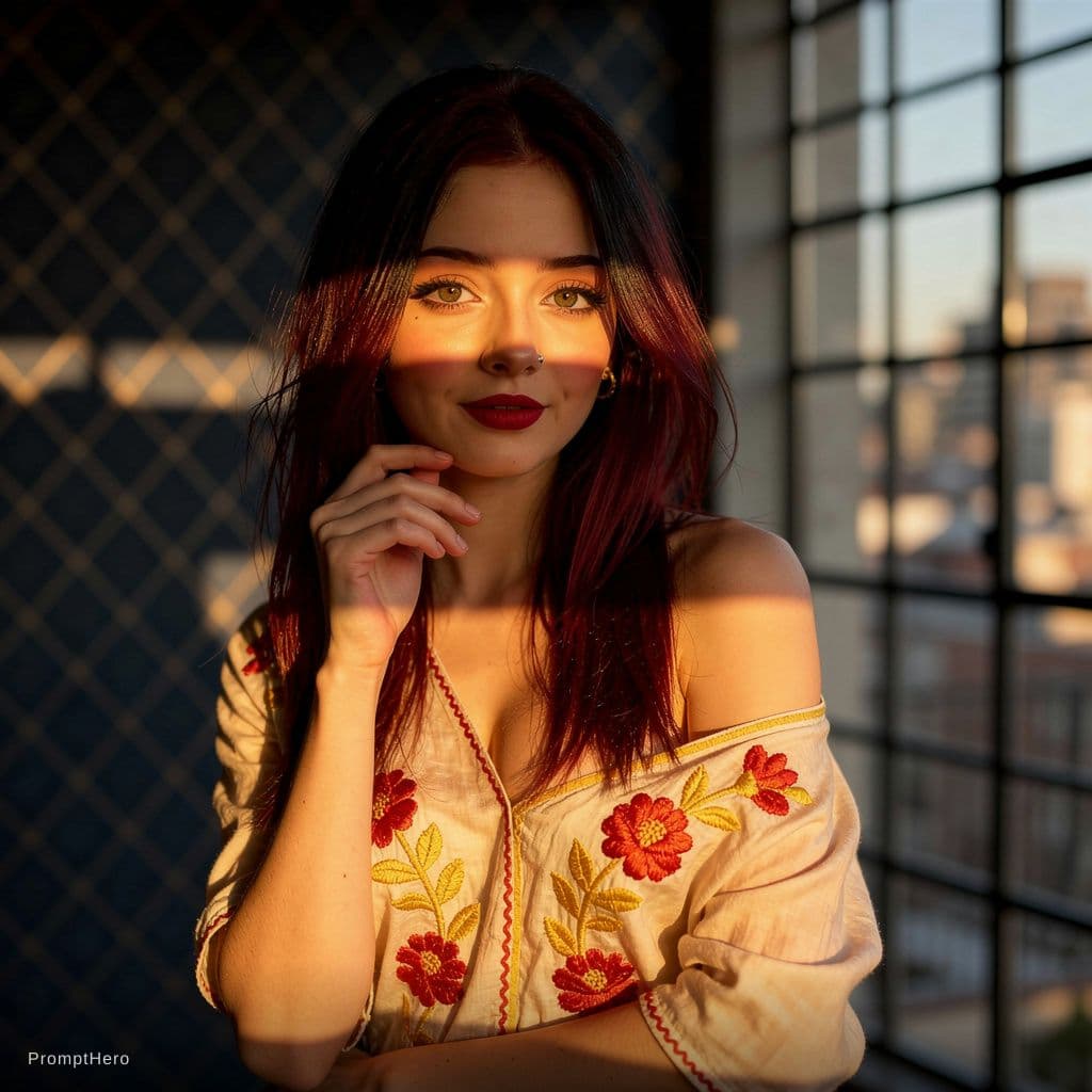 AI generated: She is wearing a delicate lingerie with yellow and red floral embroidery, with one strap slipping of...