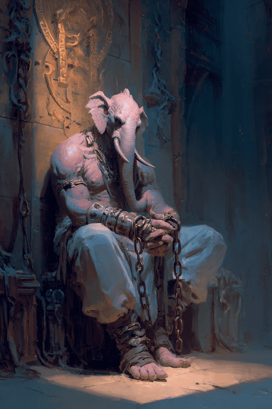 AI generated: Yag-Kosha, ancient alien with a muscular humanoid body and an elephant head with large sorrowful eye...