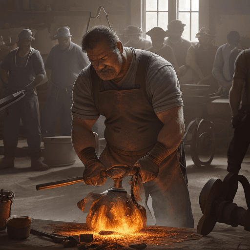 AI generated: In the heart of a bustling provincial village, a blacksmith, callused and powerful, hammers away at ...
