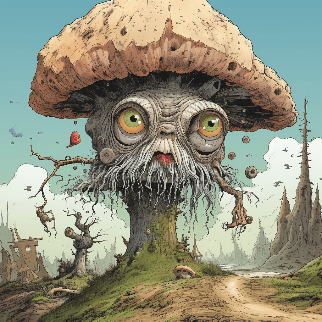 AI generated: cartoon of a funny fir tree with eyes, emphasis in facial expression, character caricatures, moss in...