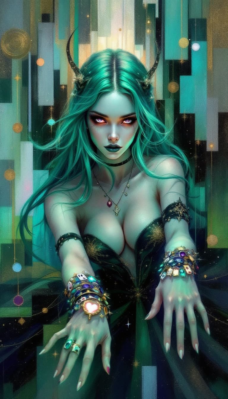 AI generated: "Jade Illusionist in a Hall of Dreams": A captivating abstract painting captures an illusionist, dis...