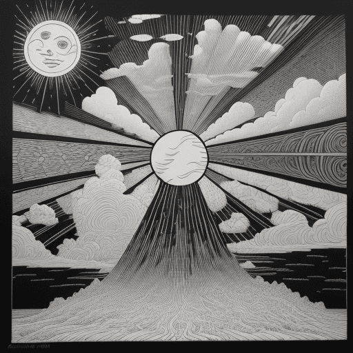 AI generated: a  highly detailed clouds and sun in the style of black and white woodblock artist, stanley donwood,...