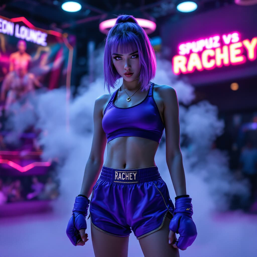 AI generated: A female K-pop idol with a purple bob haircut, pulled back into a sleek style, and striking purple e...