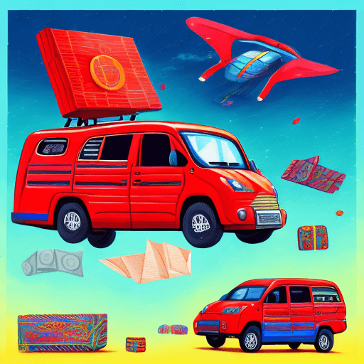 AI generated: Red Citroën Berlingo Break flying mid-air, stylized Guadeloupe at nighttime, Caribbean musical instr...